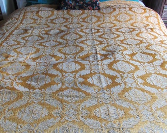 Vintage Italian Tapestry Bedspread, Queen Bedding, Gold, Hollywood Regency