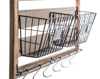 Rustic Metal Wall Basket Decor, Metal Wire Basket With Hook Vintage, Farmhouse Decor Wood Wall Decor with Baskets & Hooks