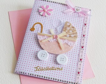 Carte Félicitations Naissance Bébé ou Anniversaire Baptême Premier Age Fille - Le Landau Rose - Création artiste, en pièce unique