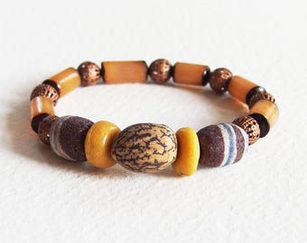 Bracelet mixte perles artisanales en Verre et Métal cuivré - Graines d'Automne - Bijou créateur, fait-main, pièce unique