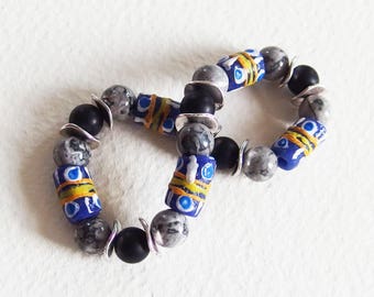 Bracelet Ethnique Mixte Homme Femme - Gris Bleu- Gemme Onyx Agate et Jaspe, Verre Recyclé, Métal - Bijou créateur, fait-main, pièce unique