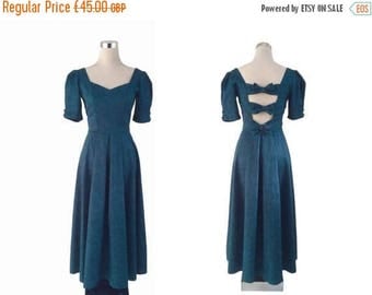 On Sale Vintage Laura Ashley Dress - Forest Green Cotton Damask Dress - Bow Back Formal Dress