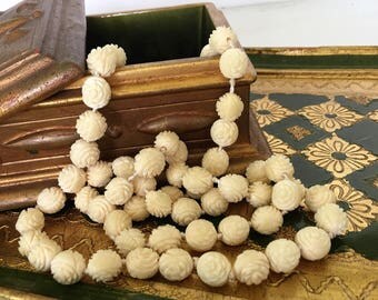 Chinese Carved Bone Rose Beads, Vintage Beaded Necklace Long Ox Bone