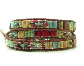 Turquoise Blue Beaded Leather Wrap Bracelet, Turquoise Blue Superduo Beaded Wrap Bracelet, Southestern Style Beaded Triple Wrap Bracelet