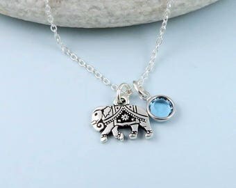Elephant Birthstone Necklace, crystal birthstone, silver elephant necklace, strength, luck