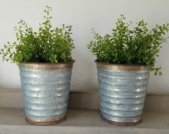 Galvanized Metal Vase with faux plant Metal Planter Farmhouse