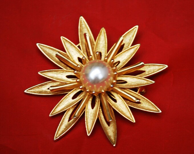 Cathe Flower Brooch - Gold and Pearl - Large Floral signed pin