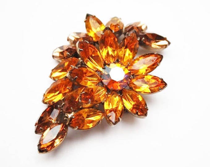 Rhinestone Brooch- Brown orange Crystal - Flower - Floral Pin