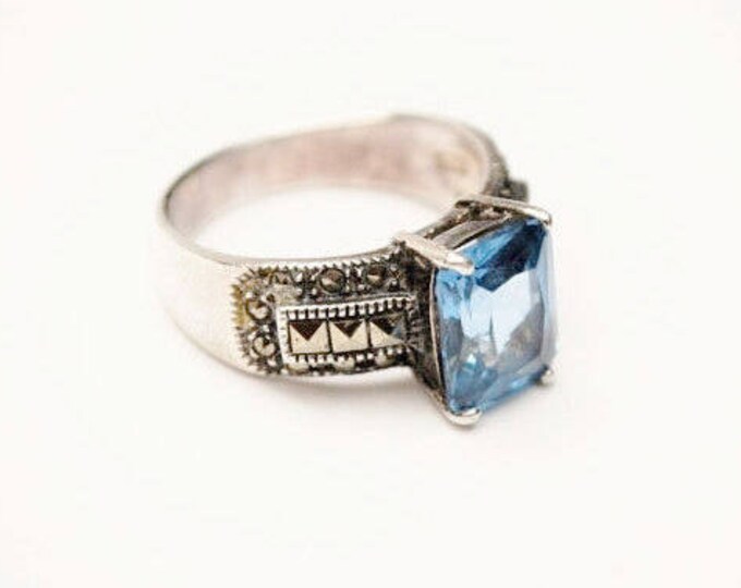 Sterling Ring - Light Blue Spinel - silver Band - Marcasites - size 8 Gemstone Ring - Gift for her