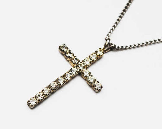 Rhinestone Cross Pendant Necklace - Clear crystal - Silver tone metal - religious necklace