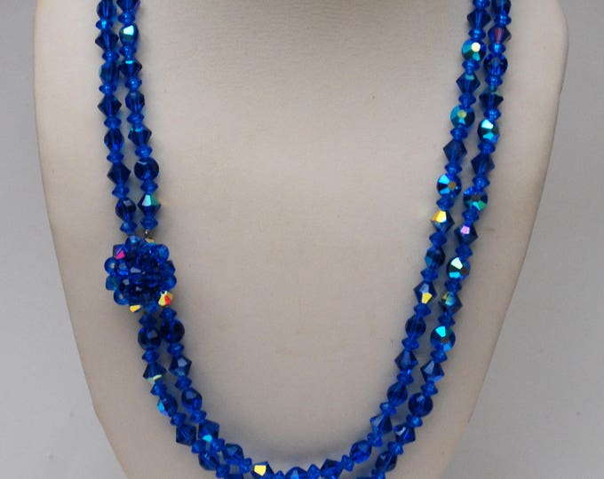 Blue Crystal bead Necklace - double strand - cut crystal glass beads - Cluster bead clasp - 23 inches long