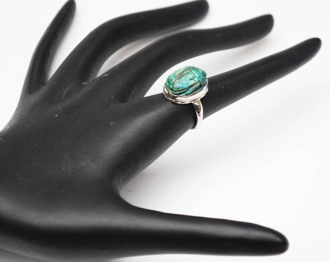 Carved Scarab Sterling ring - Blue ceramic - Egyptian Revival - Turquoise Beetle - size 5 silver ring