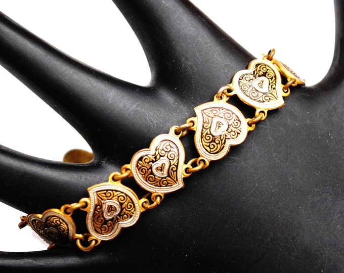 Damascene Heart Link Bracelet - Golden brass Black fwhite enamel - bangle