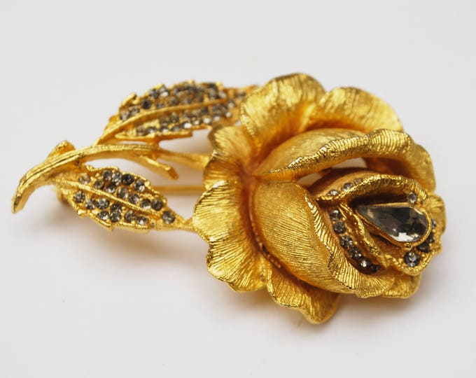 Rose Flower Brooch - Signed Benedikt NY- Gold Metal - Topaz Rhinestone - floral Rose Pin