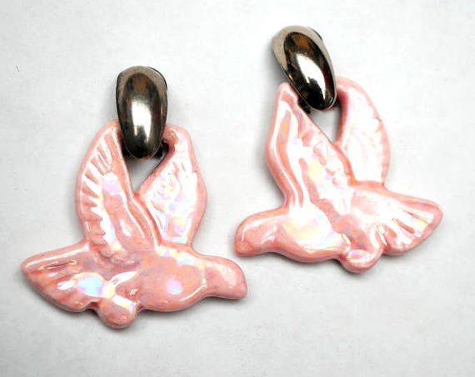 Pink bird earrings, - shiny pink ceramic -drop dangle clip on earrings