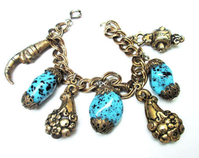 Brass Charm Bracelet - Turquoise blue art glass - unique brass charms- chain bangle