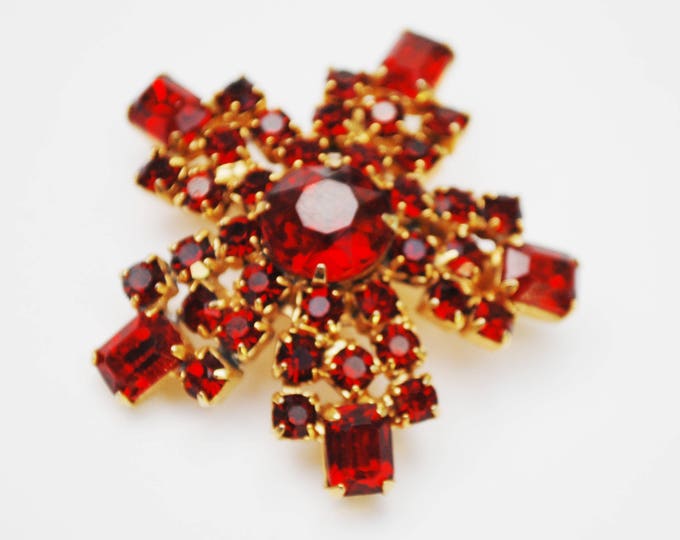 Ruby Red Rhinestone Brooch - Snowflake Atomic Pin - Mid Century