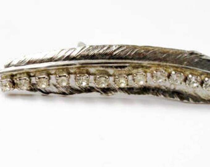 Silver Feather Hair Clip - Leaf - Clear Rhinestone - Barrette - Vintage Mid Century - Hair Bobby pin