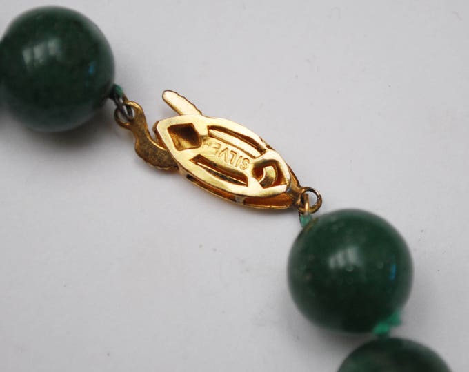 Aventurine bead necklace - Green polished gemstone beads - Gold plated Silver - Hand Knotted