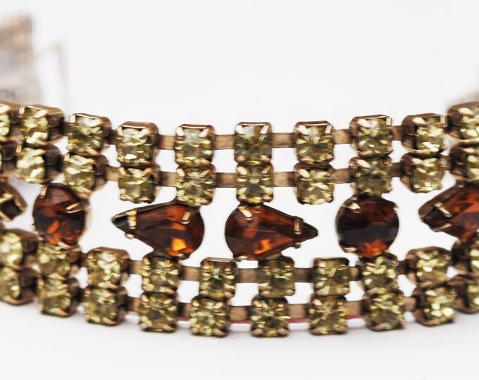 Rhinestone Bracelet - Brown Yellow Crystal - Mid century - Tennis bracelet