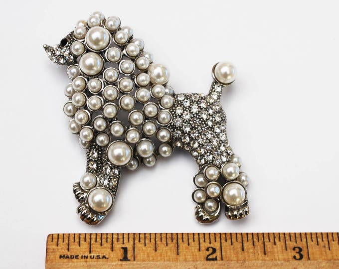 Poodle Brooch - Clear rhinestones - White pearl - large dog puppy - figurine pin