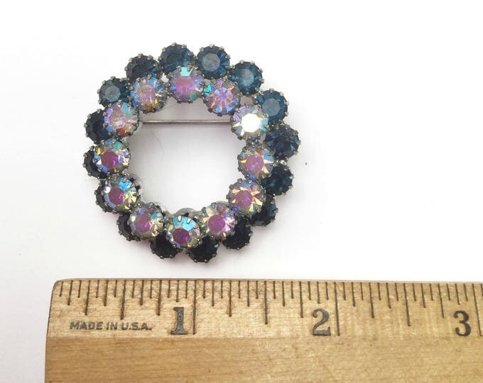 Blue Rhinestone Wreath Brooch - mid century - aurora borealis - blue Crystal Round pin