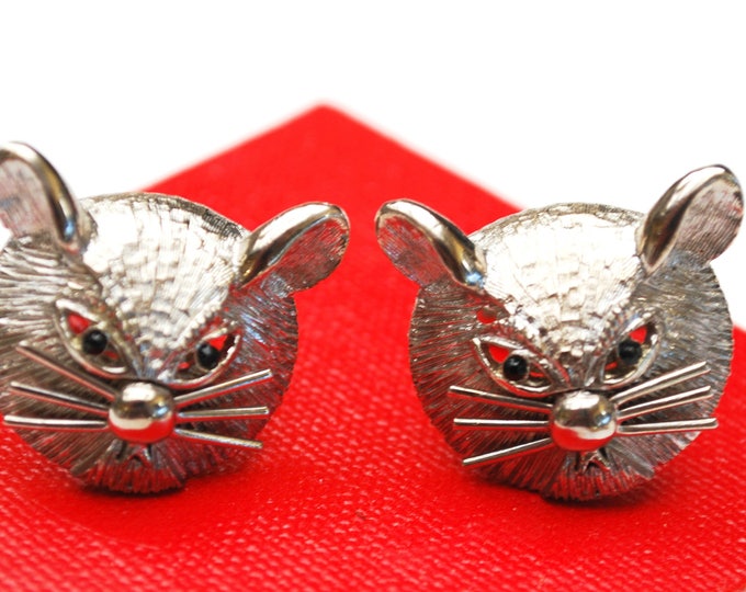 Silver Cat Cuff links - feline cufflink - black rhinestone - pat pend signed - Kitty cat head