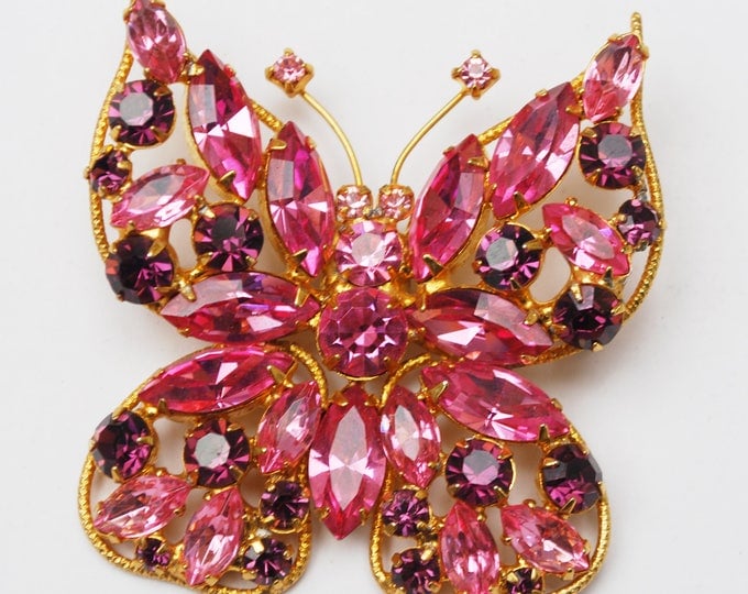 Juliana D&E Butterfly Brooch -Rhinestone - Pink Purple crystal - Gold metal -flying insect Pin