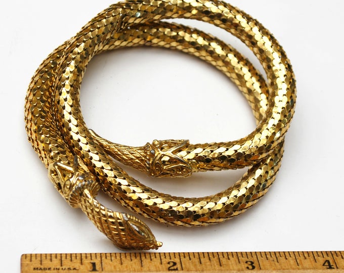 Whiting and Davis Gold Mesh Snake arm bracelet -golden metal mesh - eqyptian Revival - Coil wrap bangle large bracelet