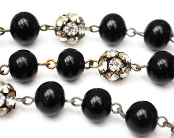 Black Glass bead Necklace - Rhinestone Rondelle - vintage silver crystal beads - 25 inches