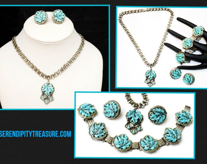 Turquoise Maple leaf - Necklace Bracelet and earring set - Vintage plastic - silver book chain necklace-screw back earrings