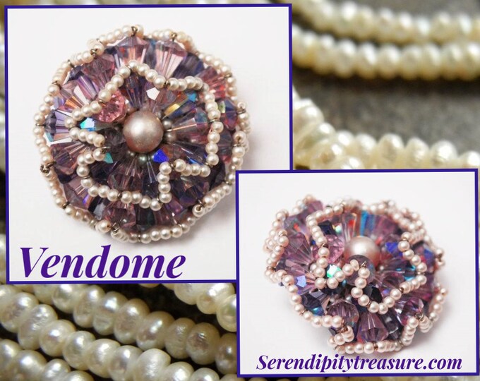 Vendome Brooch - Purple Crystal Rhinestone - faux pearl seed Bead - signed - Floral Atomic - Aurora borealis - Cluster bead pin