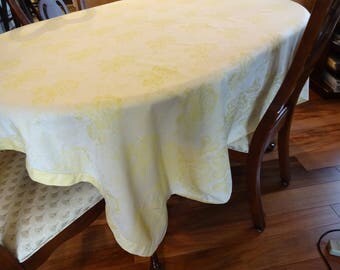 Vintage Yellow Linen Damask Tablecloth