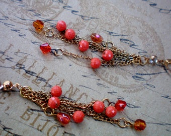 Orange jeweled shoulder duster earrings. Recycled jewelry, Handmade jewelry, Repurposed jewelry, Upcycled,Free USA shipping,Made in USA & MI