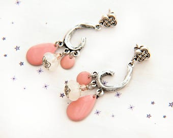 Earrings dangling sequins enamel Pearl spun glass powder pink nude