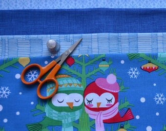 Christmas Fabric Bundle, Four Fat Quarters/Owls, Christmas Tree, Snowflake, Sketch/Blue Cotton Material/Michael Miller, Robert Kaufman