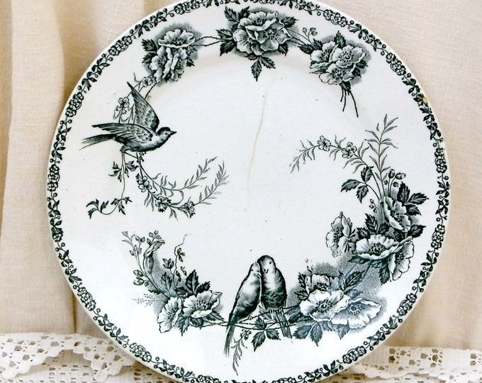 Antique French Ironware Plate With Bird / Bluetit and Rose Flower Transfer Pattern in Teal Blue, St Amand Faience, Pottery from France Antique French Ironware Plate With Bird / Bluetit and Rose Flower Transfer Pattern in Teal Blue, St Amand Faience, Pottery from France