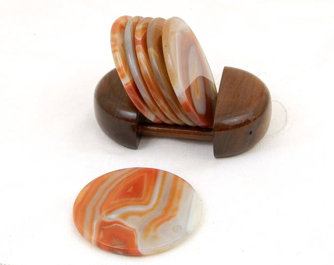 Vintage 6 Round Onyx / Agate Orange and White Polished Stone Drinks Coasters with Stacking Rack, Retro Home Interior, Entertaining, Barware Vintage 6 Round Onyx / Agate Orange and White Polished Stone Drinks Coasters with Stacking Rack, Retro Home Interior, Entertaining, Barware