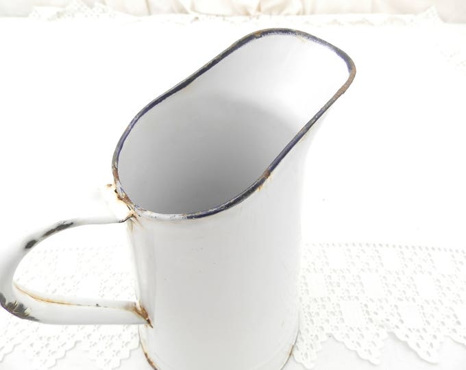 Small Antique French White Enamelware Pitcher, Chippy Enamel Jug / Vase, Cottage Farmhouse Kitchen, French Country Rustic Chic Retro Decor Small Antique French White Enamelware Pitcher, Chippy Enamel Jug / Vase, Cottage Farmhouse Kitchen, French Country Rustic Chic Retro Decor