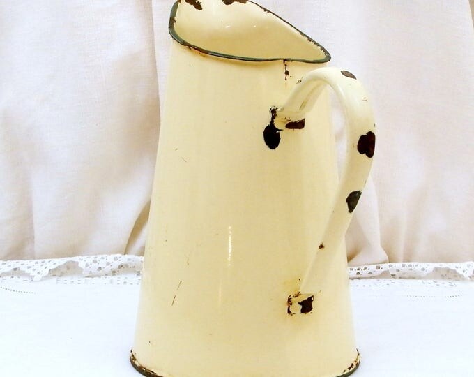 Small Antique French Pale Yellow / Beige French Enamelware Pitcher, Chippy Enamel Jug / Vase
