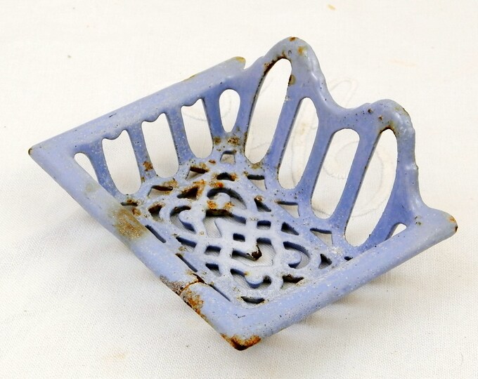 Small Antique Cast Iron Enameled Sky Blue Wall Hanging Soap Holder, French Blue Chippy Enamel Mural Soap Bar Dish, Enamelware Retro Bathroom