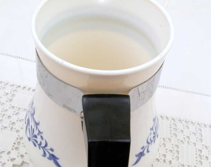 French Vintage Mid Century 1960s White Milk Glass Coffee Pot with Blue Pattern by Sovirel, Retro Kitchenalia from France, Pyrex , Acropal