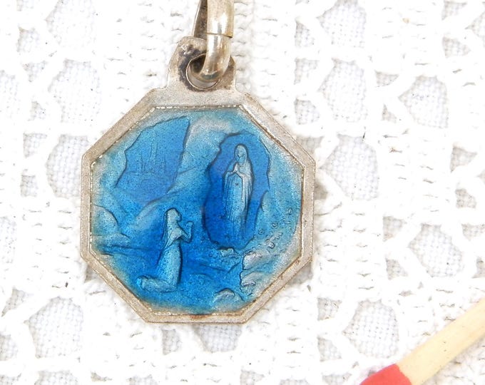 Large Vintage Virgin Mary Silver Plated and Blue Enamel Religious Medal with Apparition at Lourdes France, French Catholic Saints Charm