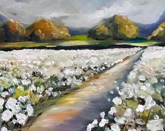 CANVAS or Paper PRINT of original oil painting Second Anniversary Cotton Gift Landscape field farm Mary Sparrow