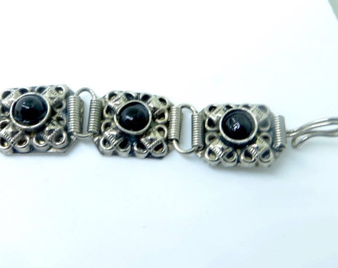 Vintage Bracelet, Silver Repousse Panels, Glass Cabochon Stones, Dimensional Baroque Beauty!