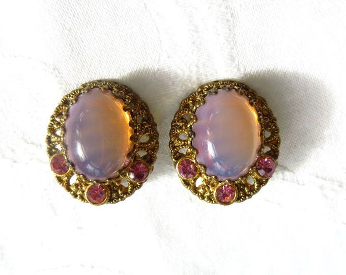 Pink Moonstone Earrings, Vintage 1940s Clip Earrings, West Germany Jewelry