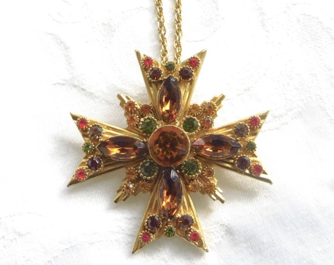 Maltese Cross Brooch, Maltese Cross Pendant, 28 inch Chain, Vintage Heraldic Jewelry