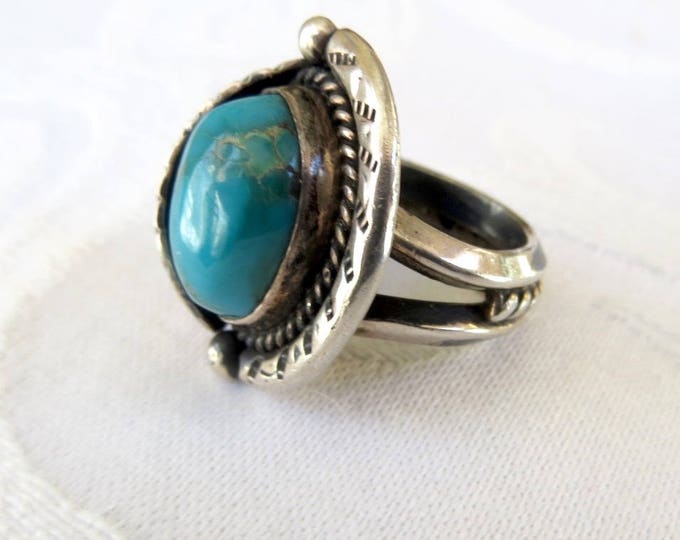 Navajo Turquoise Ring, Sterling Silver, Kingman Turquoise, Old Pawn, Native American Jewelry, Size 3.5 Pinky Ring