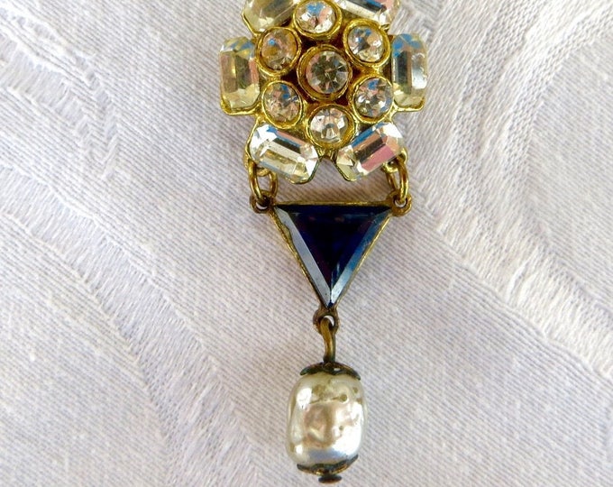 Vintage Baroque Pearl Brooch, Rhinestone Heraldic Pin, Baroque Pearl Dangle, Vintage Heraldic Jewelry