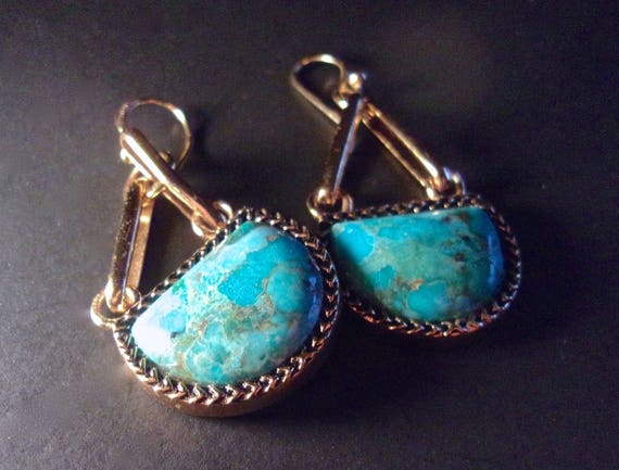 Turquoise Bronze Sterling Barse Earrings Dangle Vintage